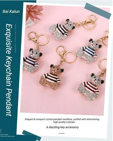 Black Stripe Crystal Bear Keychain Cute Alloy Keyring Gift 2-Pack