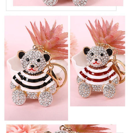 Blue Stripe Crystal Bear Keychain Cute Alloy Keyring Gift 2-Pack