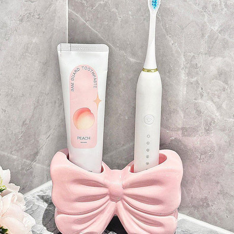 Bowknot Double‑Slot Toothbrush Storage Holder - Pink