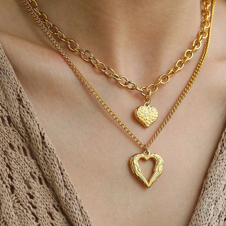 Gold Stainless Steel Angel Wing Heart Pendant Necklace 2-Pack C7247