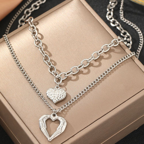 Gold Stainless Steel Angel Wing Heart Pendant Necklace 2-Pack C7247