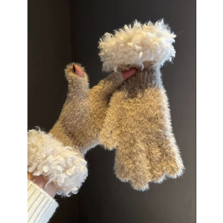 Women Winter Faux Mink Spliced Five-Finger Gloves Blue