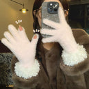 Women Winter Faux Mink Spliced Five-Finger Gloves Khaki