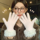Women Winter Faux Mink Spliced Five-Finger Gloves Khaki
