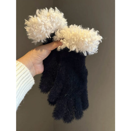 Women Winter Faux Mink Spliced Five-Finger Gloves Khaki