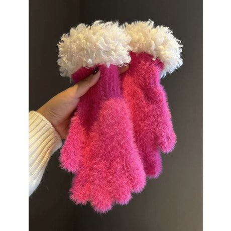 Women Winter Faux Mink Spliced Five-Finger Gloves Rose Red