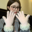 Women Winter Faux Mink Spliced Five-Finger Gloves Rose Red