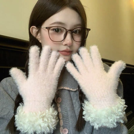 Women Winter Faux Mink Spliced Five-Finger Gloves Rose Red