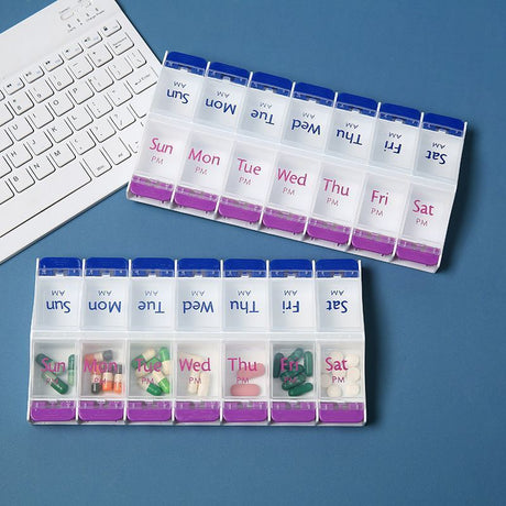 Push Button 14 Grid Weekly Pill Box, Double Row Independent Compartments Portable AM PM Medicine Organizer for Pills Vitamin Supplement 01