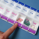 Push Button 14 Grid Weekly Pill Box, Double Row Independent Compartments Portable AM PM Medicine Organizer for Pills Vitamin Supplement 01