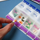 Push Button 14 Grid Weekly Pill Box, Double Row Independent Compartments Portable AM PM Medicine Organizer for Pills Vitamin Supplement 01