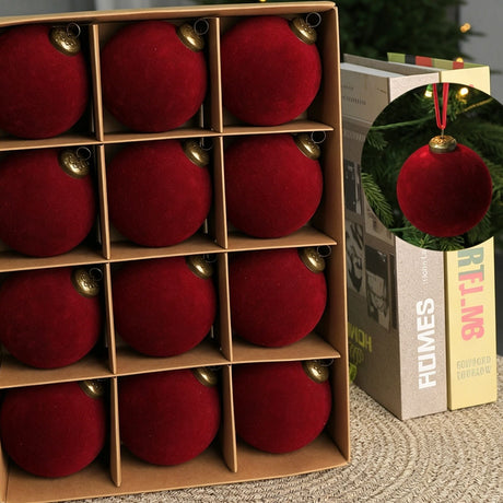 24pk Flocked Xmas Baubles Metal Cap, Burgundy 6cm