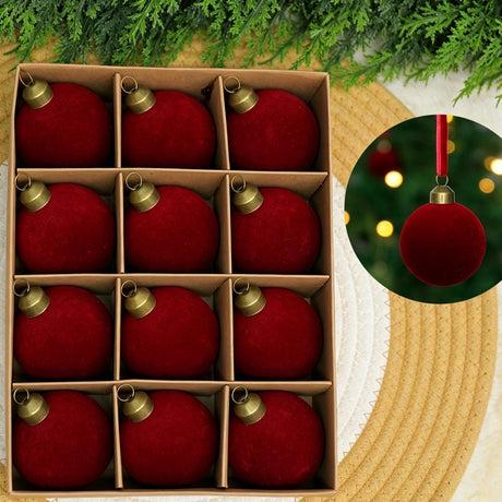 24pk Flocked Xmas Baubles Metal Cap, Burgundy 8cm