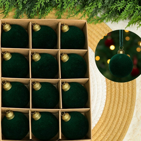24pk Flocked Xmas Baubles Metal Cap, Dark Green 8cm