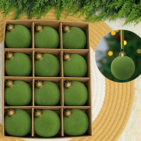24pk Flocked Xmas Baubles Metal Cap, Avocado 8cm