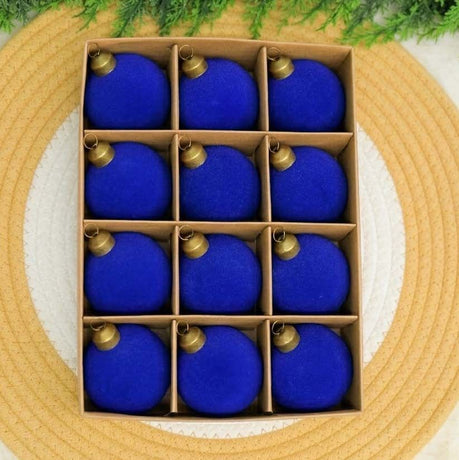 24pk Flocked Xmas Baubles Metal Cap, Royal Blue 6cm