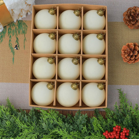 24pk Flocked Xmas Baubles Metal Cap, Off White 6cm