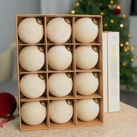 24pk Flocked Xmas Baubles Metal Cap, Off White 6cm