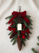 Xmas Teardrop Pine Swag, Red Velvet Bow Wall Door Hanging