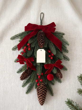 Xmas Teardrop Pine Swag, Red Velvet Bow Wall Door Hanging
