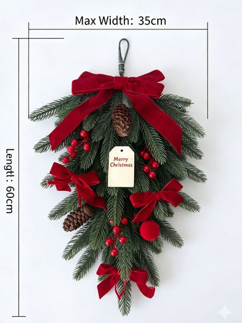Xmas Teardrop Pine Swag, Red Velvet Bow Wall Door Hanging