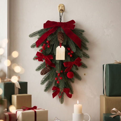 Xmas Teardrop Pine Swag, Red Velvet Bow Wall Door Hanging