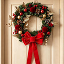 2pk Xmas Wreath Gold Leaf Red Bow, 50cm Diameter