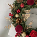 2pk Xmas Wreath Gold Leaf Red Bow, 50cm Diameter