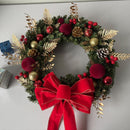 2pk Xmas Wreath Gold Leaf Red Bow, 50cm Diameter