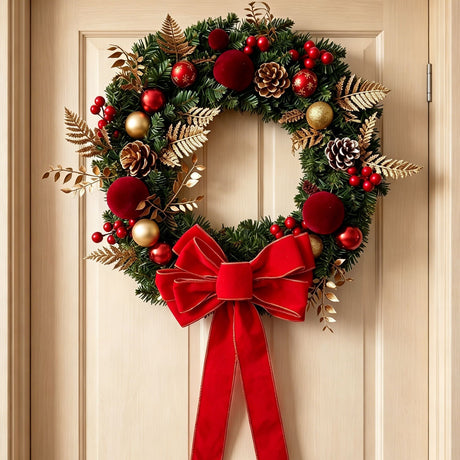 2pk Xmas Wreath Gold Leaf Red Bow, 60cm Diameter
