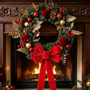 2pk Xmas Wreath Gold Leaf Red Bow, 60cm Diameter