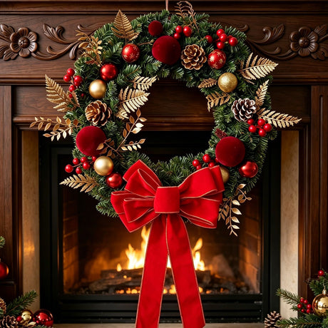 2pk Xmas Wreath Gold Leaf Red Bow, 60cm Diameter