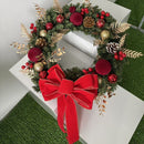 2pk Xmas Wreath Gold Leaf Red Bow, 60cm Diameter