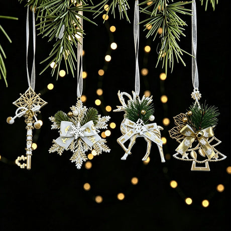3pk White Gold Vintage Xmas Tree Hanging Ornament