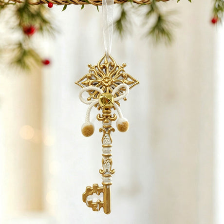 1pk White Gold Vintage Key Xmas Tree Ornament