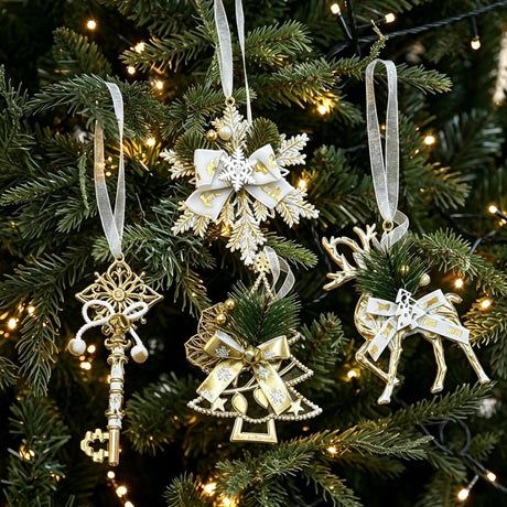 4pk Assorted White Gold Xmas Ornaments (Tree/Reindeer/Snowflake/Key)