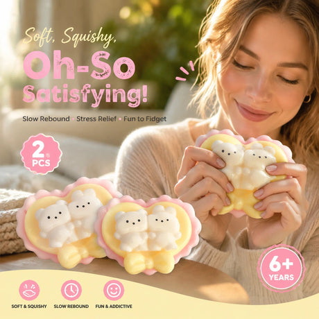 Heart Bear Extra Soft Mud Squishy 2 Pack, Mood Lifting Squeeze Duo