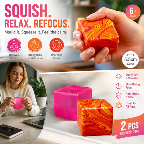 Bright Soft Solid Pink + Marbled Orange Ice Cube Squishy 2 Pack