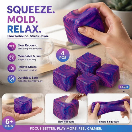 Calming 5.5cm Marbled Blue Ice Cube Squishy 4 Pack