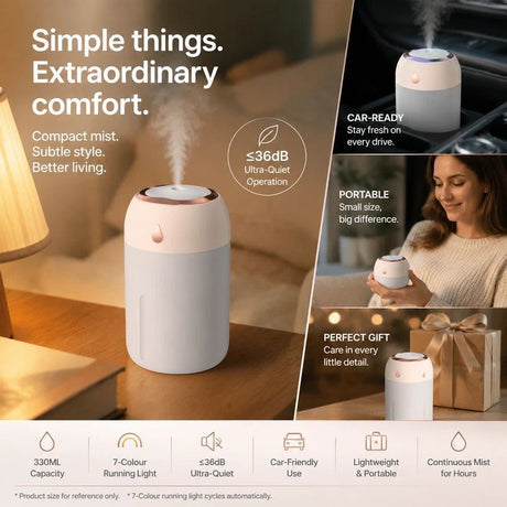 USB Colour Light Mini Humidifier 330ML White, Home Xmas Gift