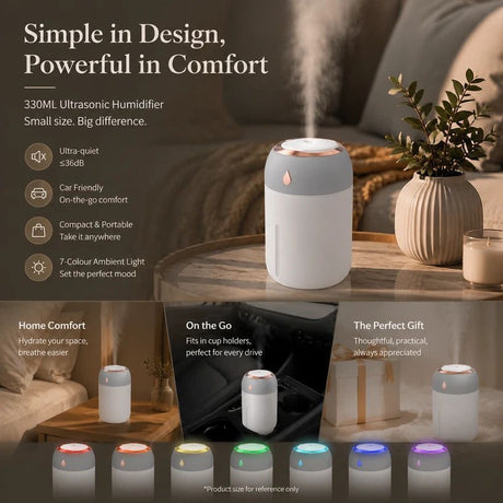 USB Colour Light Mini Humidifier 330ML Grey, Stocking Filler Gift