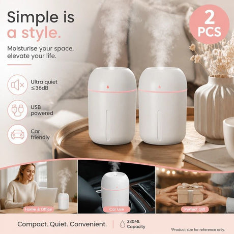2 Pack Water Drop Humidifier 330ML White, Home Decor Pack