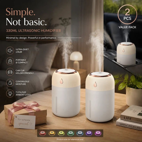 2 Pack Colour Light Humidifier 330ML White, Christmas Hamper Filler