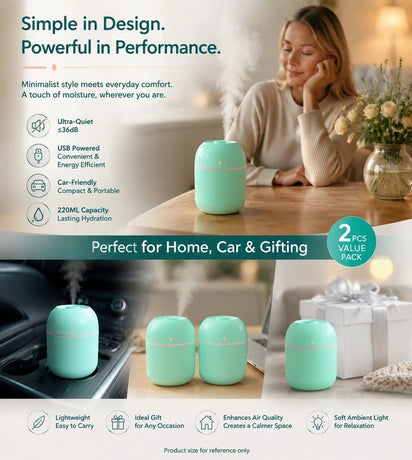 2 Pack Water Drop Humidifier 220ML Green, Office Gift Pair