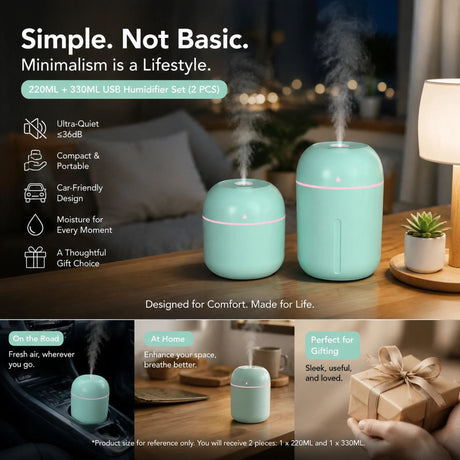 2 Pack Water Drop Humidifier Green 220ML+330ML Combo, Car Decor Gift