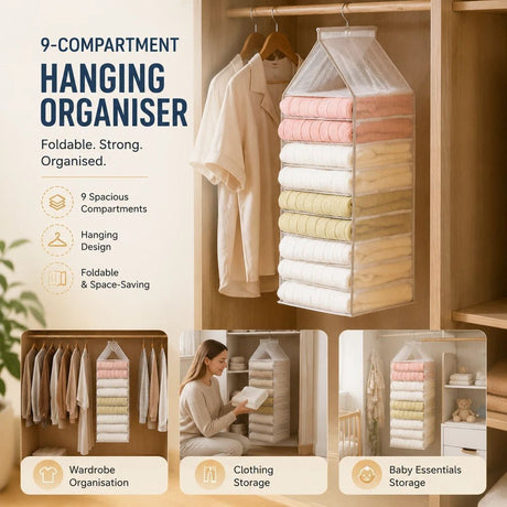 Extra Large PVC Hanging Wardrobe Storage Caddy, 9 Compartment Layered Trousers & Clothes Divider, Dusk Grey