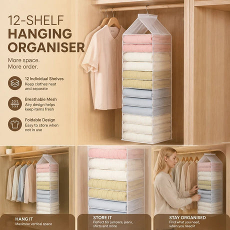 Extra Large PVC Hanging Layered Clothes Storage Caddy, 12 Compartment Wardrobe Divider, Snow White