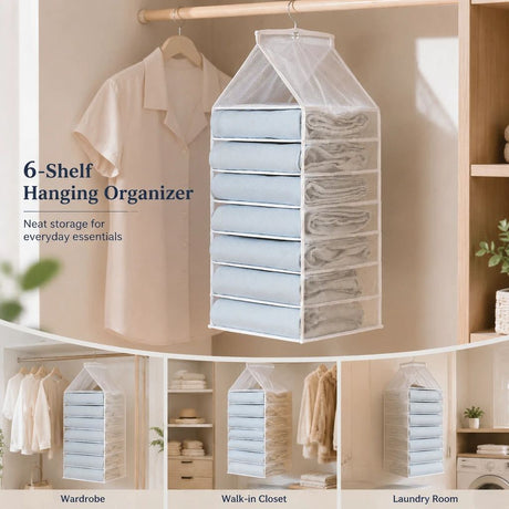 Clear PVC Layered Hanging Clothes Sorter, 6 segmented pockets for pants and daily apparel, neat Snow White