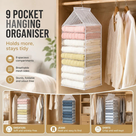 High Capacity PVC Wardrobe Hanging Sack, 9 individual compartments for organised pants storage, neutral Dusk Grey