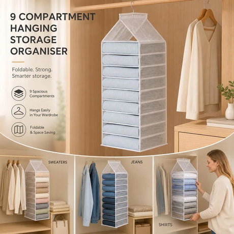 See-through PVC Vertical Garment Hanger Organiser, 9 split pockets for quick clothing access, clean Snow White